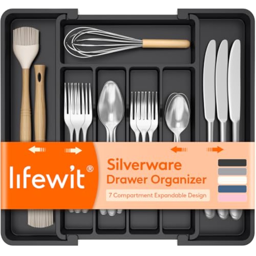 Kitchen Utensil Holder - Expandable Silverware Organizer, Plastic Utensil Tray